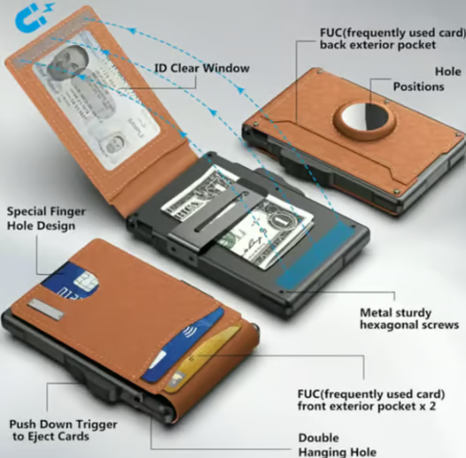 Wallet for Men - with Pop Up Aluminum Case Money Clip Slim Leather Slots Credit Card Holder RFID Blocking Bifold Minimalist Wallet